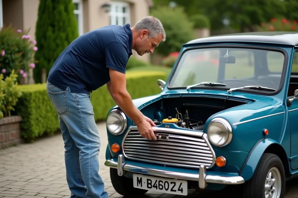 Homme vérifiant l'huile d'une Mini Cooper Moke dans une allée résidentielle