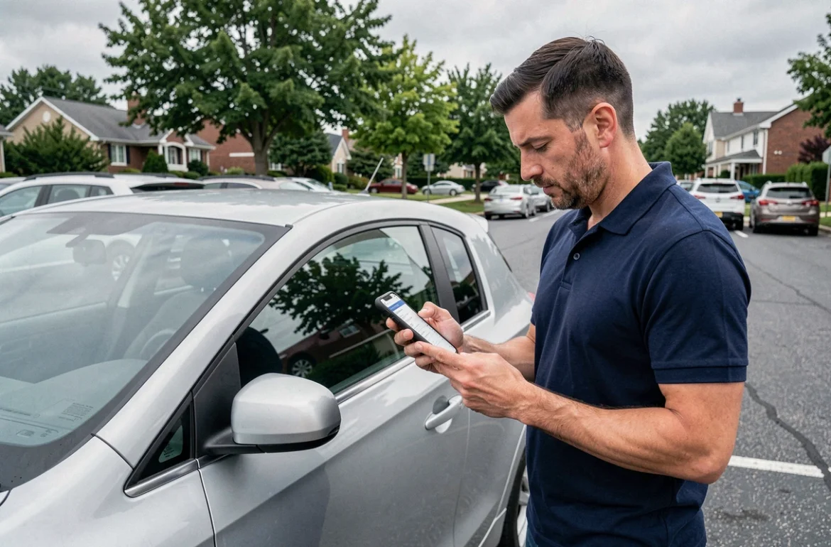 Homme comparant des devis d'assurance auto sur smartphone près de sa voiture