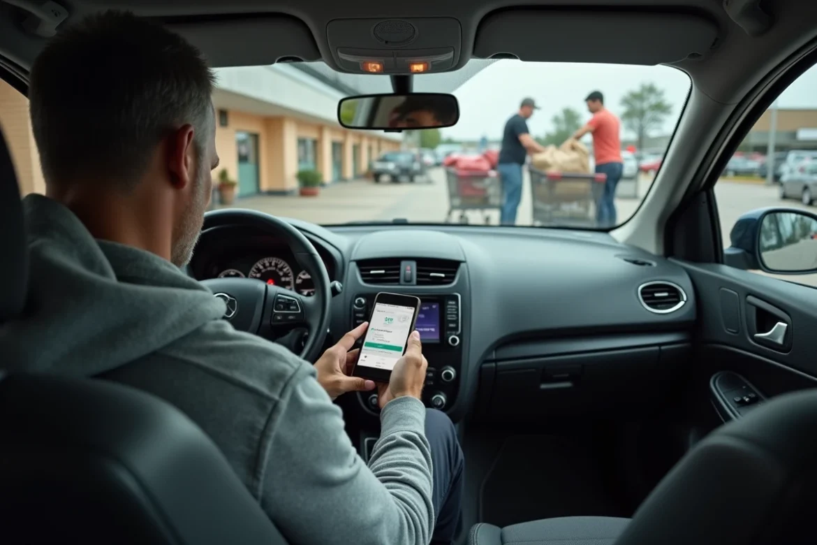 Homme utilisant une appli de comparaison de prix dans sa voiture au drive d'un supermarché