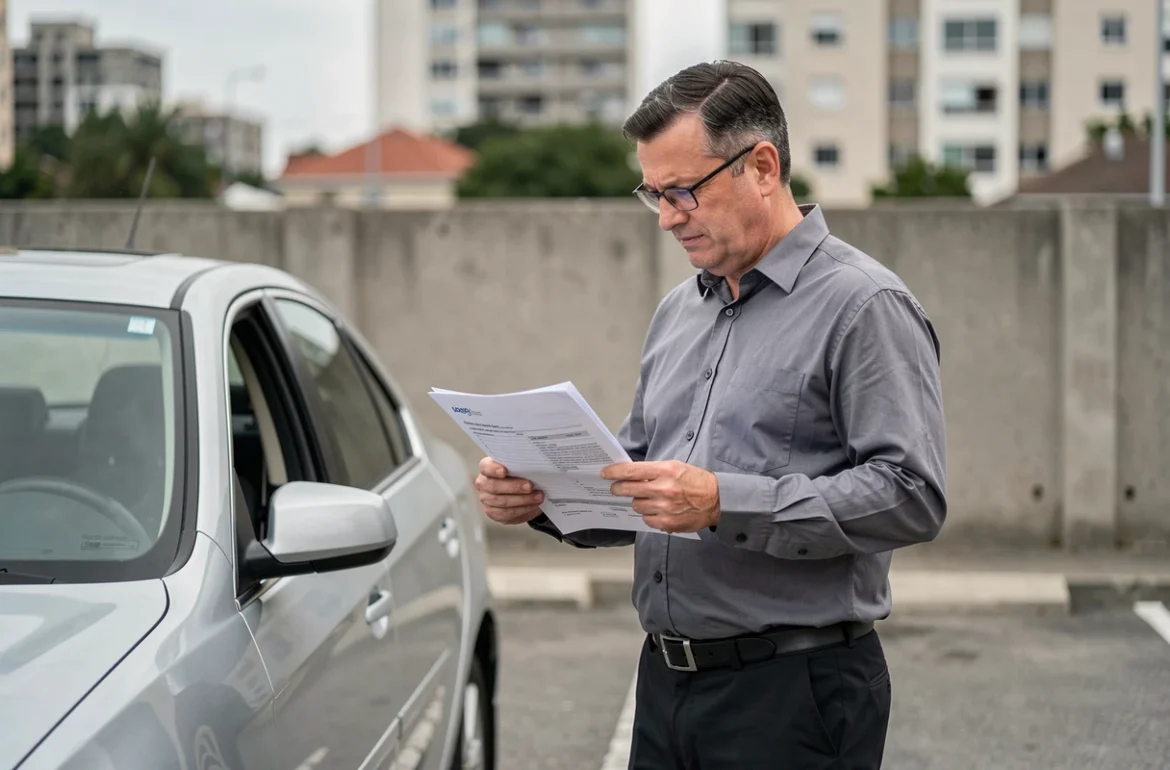 Homme examinant son contrat d'assurance automobile à côté de sa voiture