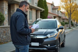 Homme d'âge moyen près d'une voiture compacte usée