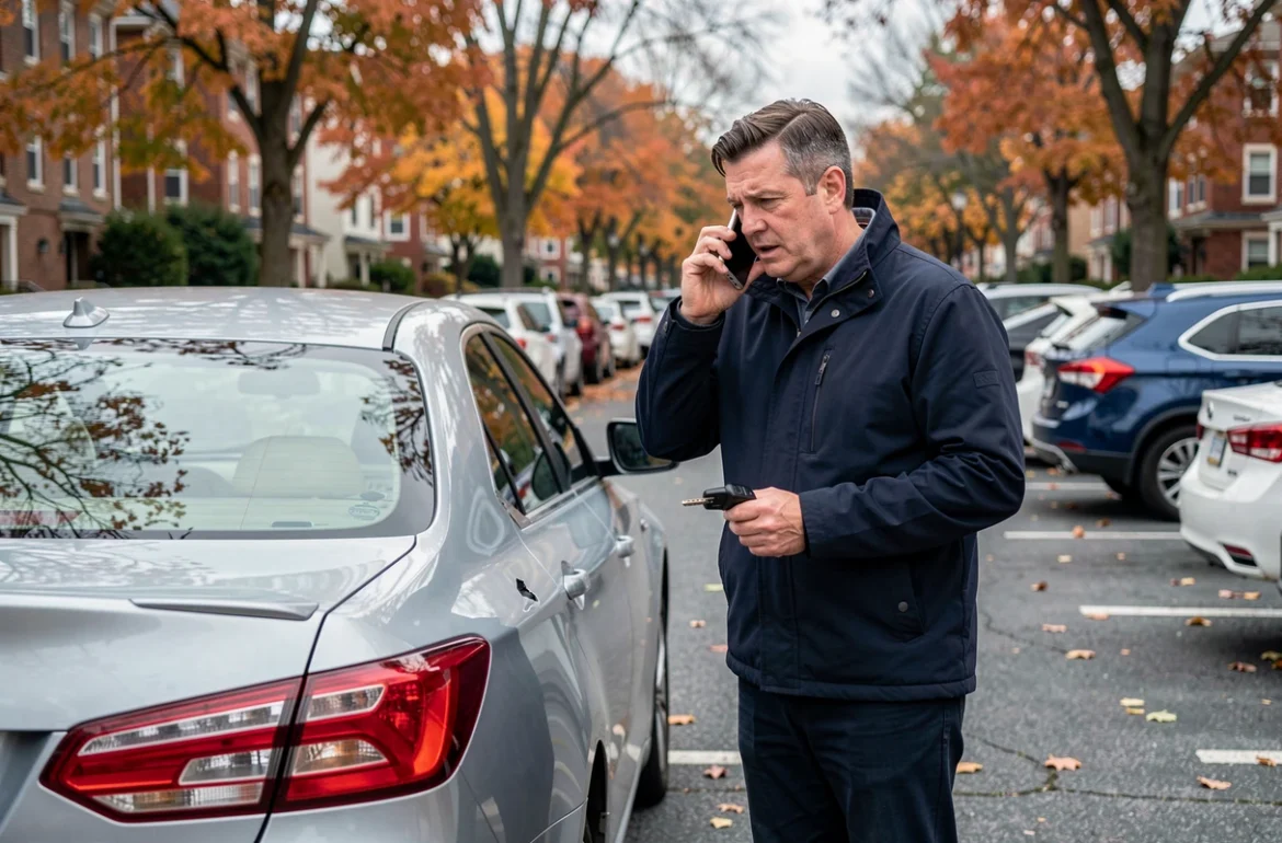 Homme constatant des dommages sur sa voiture et contactant son assurance