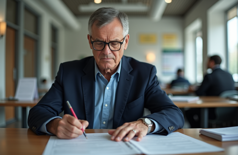 Homme d'âge moyen remplissant papiers d'immatriculation voiture