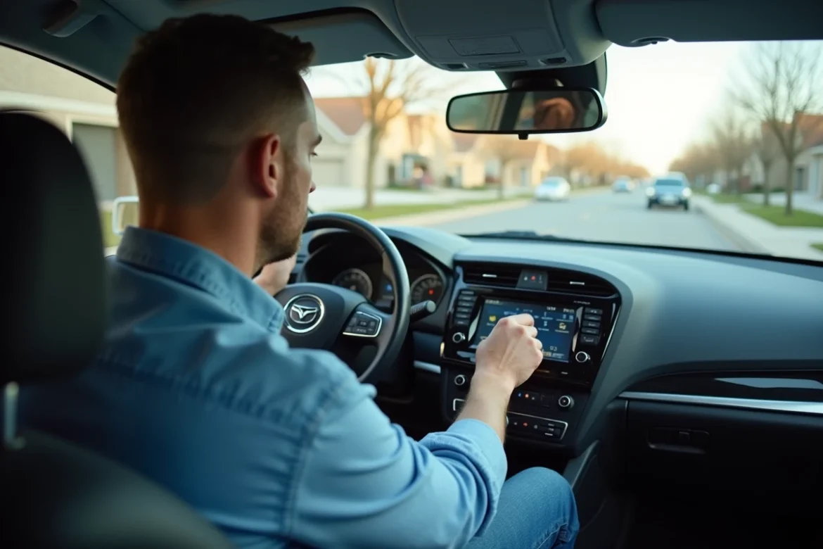 Homme concentré entrant un code dans l'autoradio de sa voiture