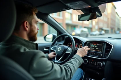 Homme concentré entrant un code dans la radio de la voiture