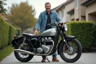 Homme souriant avec moto sidecar en extérieur