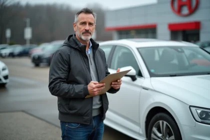Homme inspectant une voiture en concession automobile