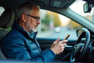 Homme d'âge moyen lisant avis en ligne dans sa voiture