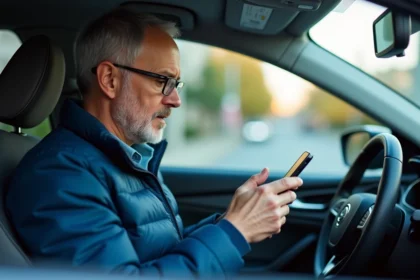 Homme d'âge moyen lisant avis en ligne dans sa voiture