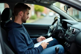 Homme lisant un carnet dans une Renault Clio