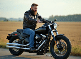 Homme en blouson en cuir sur une moto de croisière en campagne