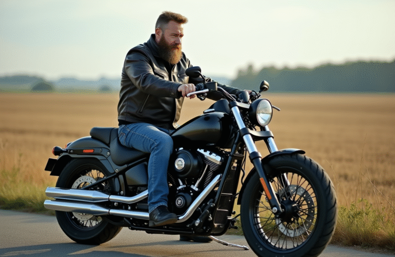 Homme en blouson en cuir sur une moto de croisière en campagne