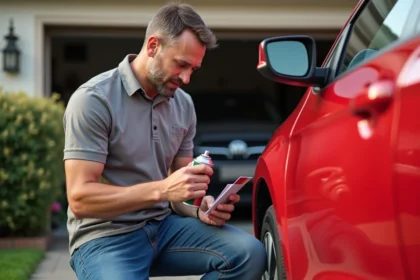 Homme middleaged examinant une peinture auto dans un environnement résidentiel