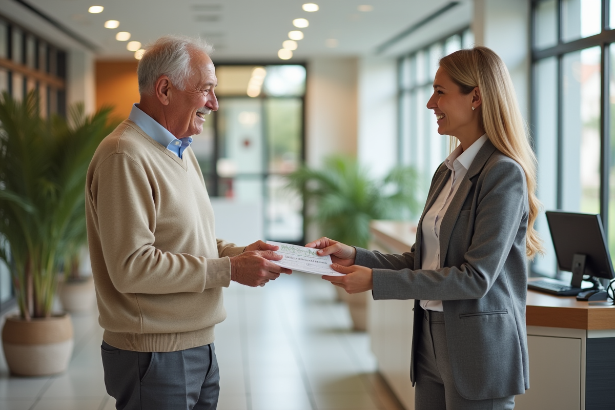Homme âgé remettant un certificat médical à une réceptionniste