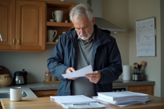 Homme d'âge moyen cherchant des papiers dans la cuisine