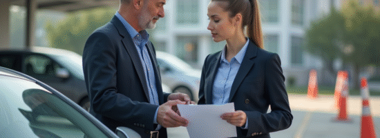 Homme d'affaires remettant documents à une mécanicienne devant une voiture