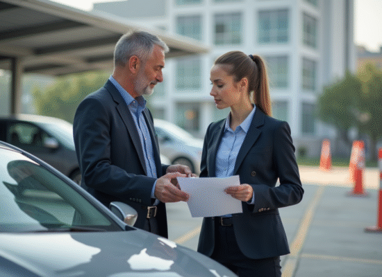 Homme d'affaires remettant documents à une mécanicienne devant une voiture