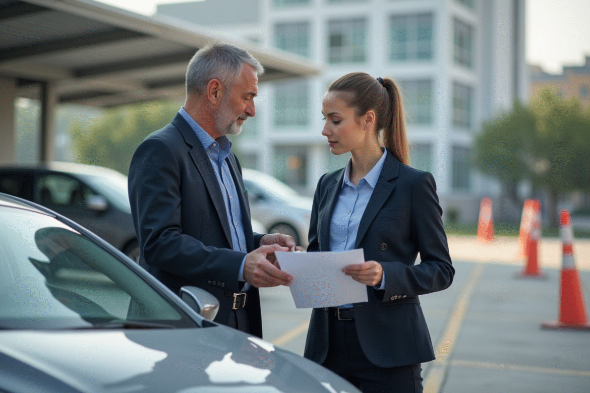 Homme d'affaires remettant documents à une mécanicienne devant une voiture