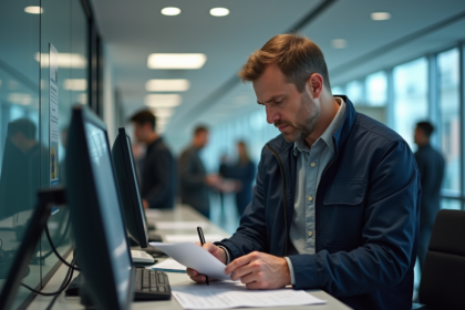 Homme d'âge moyen remplissant des papiers dans un bureau officiel