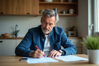 Homme d'âge moyen remplissant un formulaire de voiture dans une cuisine