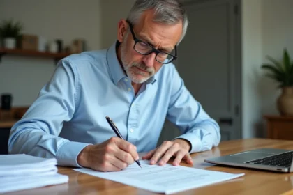 Homme d'âge moyen remplissant un certificat d'immatriculation
