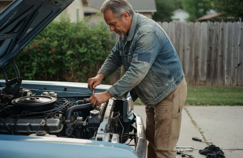 Homme d'âge moyen réparant une vieille voiture en extérieur