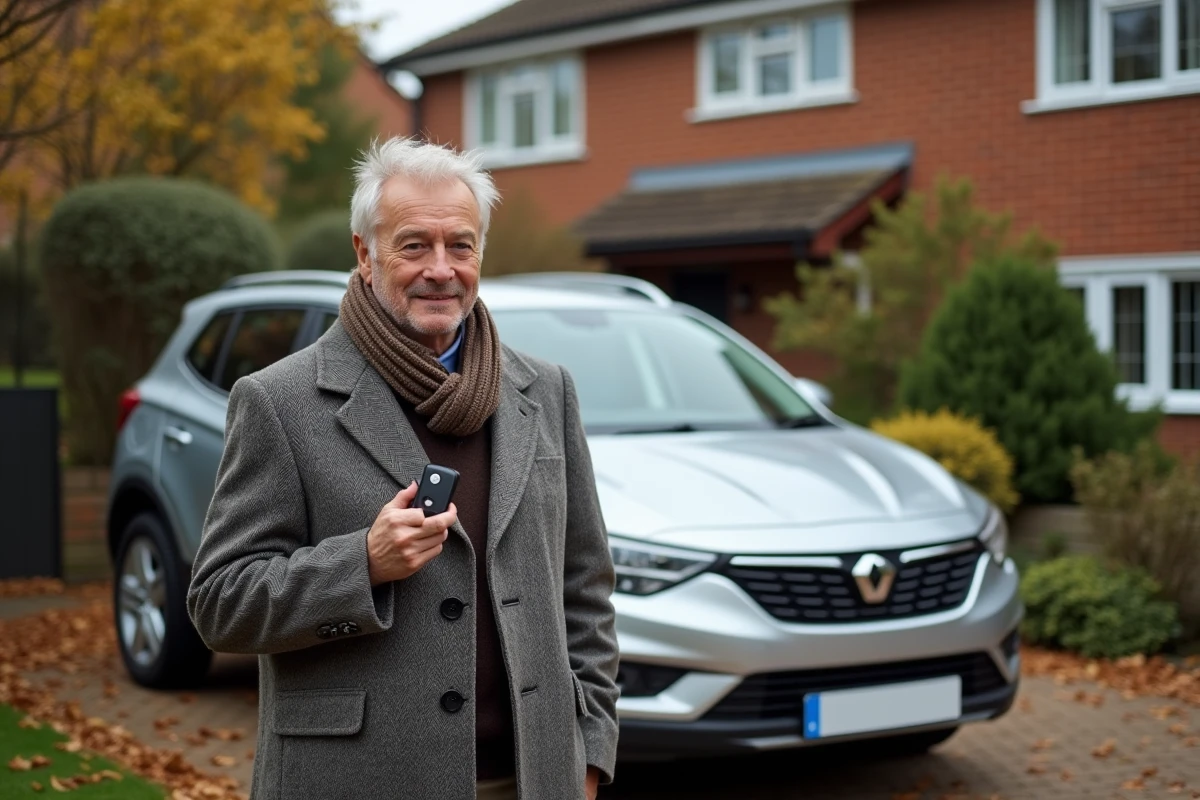 Homme avec sa voiture en banlieue pour assurance auto