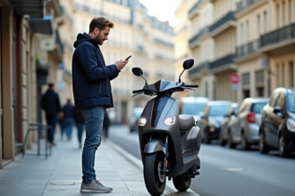 Homme examinant un scooter moderne en ville