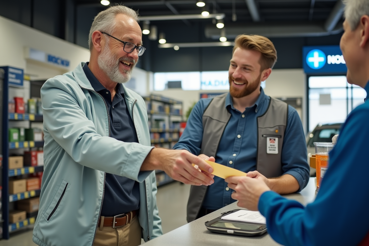 Homme remettant un papier au comptoir d un magasin auto