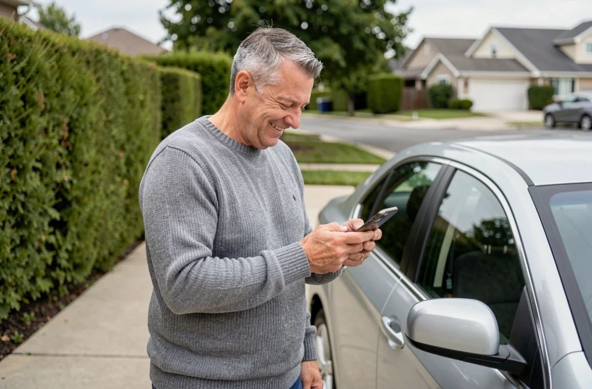 Homme comparant des offres d'assurance auto sur smartphone à côté de sa voiture dans un quartier résidentiel