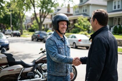 Homme souriant avec casque et moto en extérieur