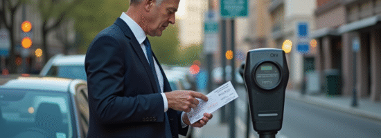 Homme d affaires lisant un parcmètre dans la ville