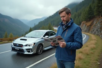 Homme examinant un catalogue de pièces performance à côté d'une Subaru