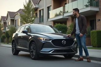Homme regardant un SUV moderne dans un quartier urbain
