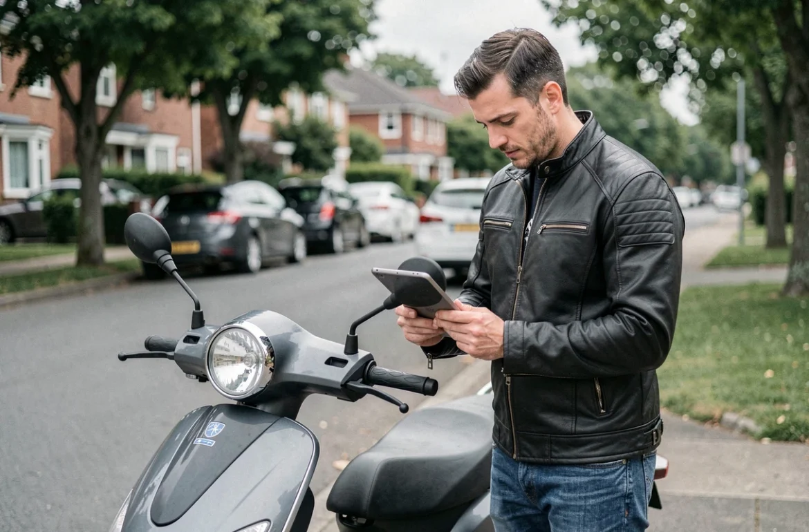 Homme en veste de moto consultant une tablette pour assurer son scooter 125 en ligne