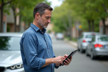 Homme d'âge moyen avec tablette et voiture en arrière-plan