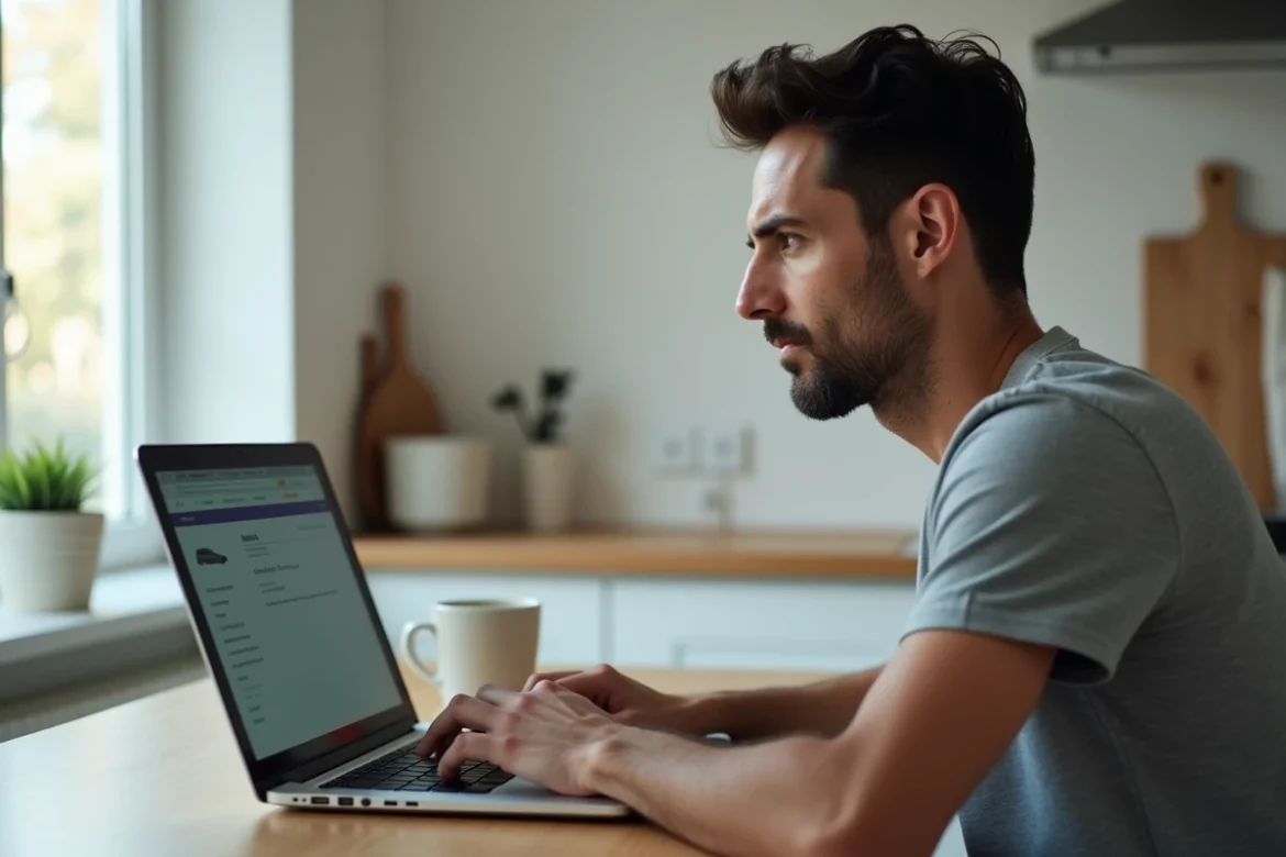 Homme adulte passant un test de code de la route en ligne sur ordinateur portable dans une cuisine moderne
