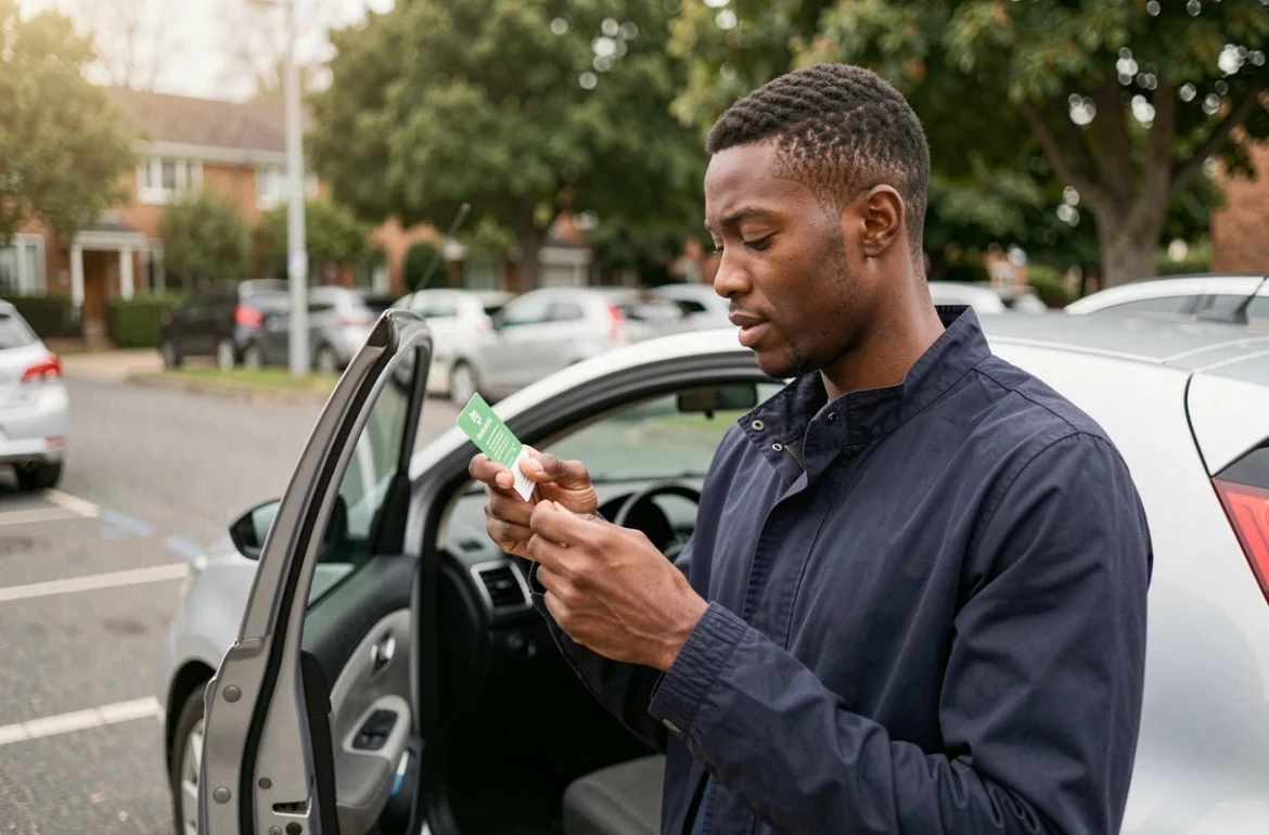 Homme tenant une vignette verte d'assurance voiture avant de la coller sur son véhicule