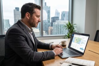 Homme d affaires vérifiant données de suivi véhicule en bureau