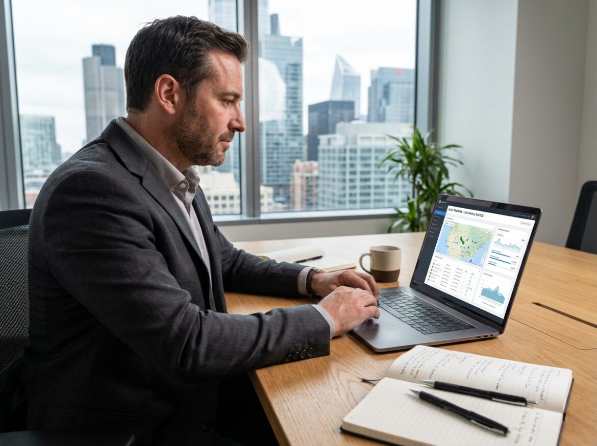 Homme d affaires vérifiant données de suivi véhicule en bureau