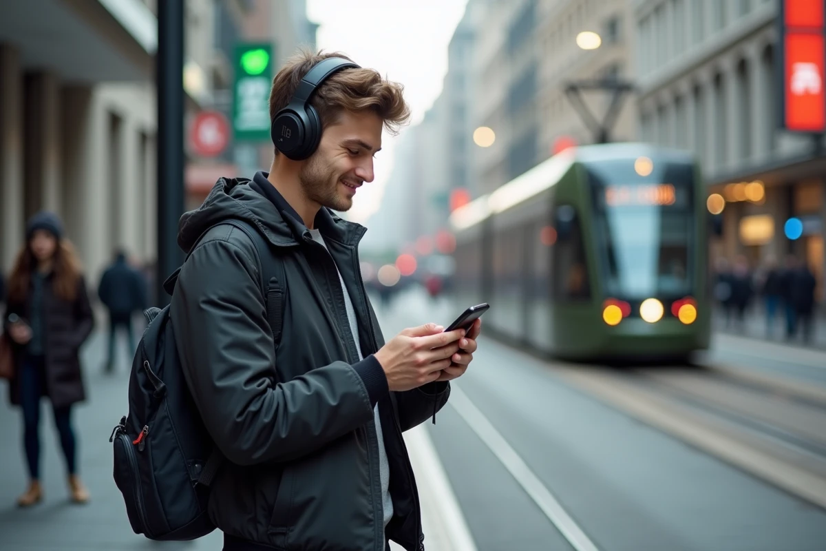 Jeune homme lisant des nouvelles dans une station de tram
