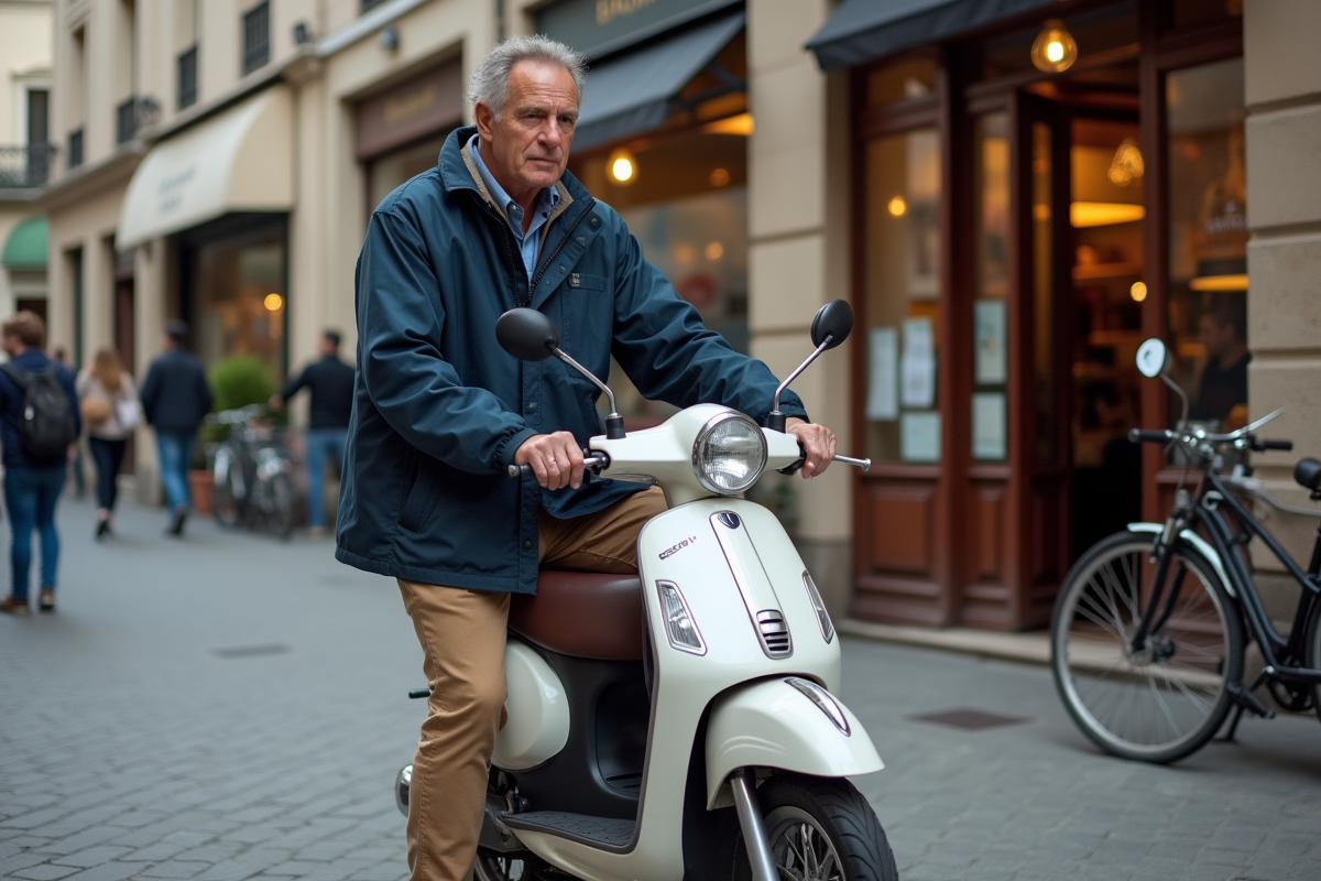 Homme casuel verrouillant son moped devant une boulangerie