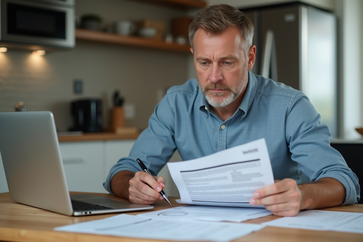 Homme vérifiant documents de véhicule à la maison