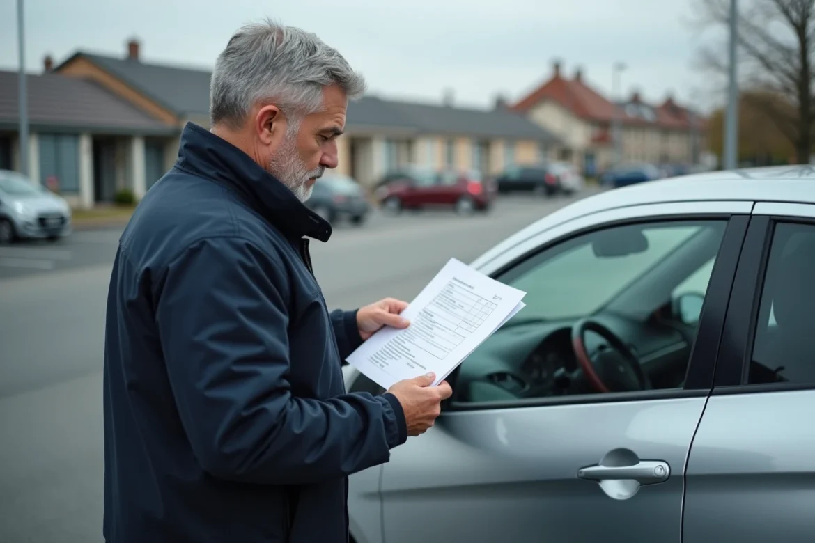 Homme en veste de mécanicien comparant une carte grise avec le numéro de série d'une voiture dans un parking