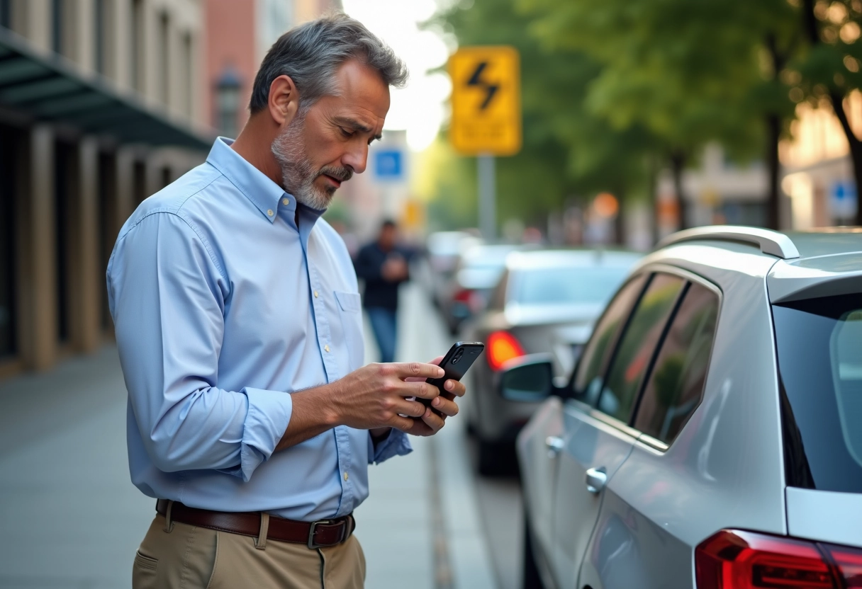 Homme vérifiant une conversion de vitesse avec son smartphone dans la ville
