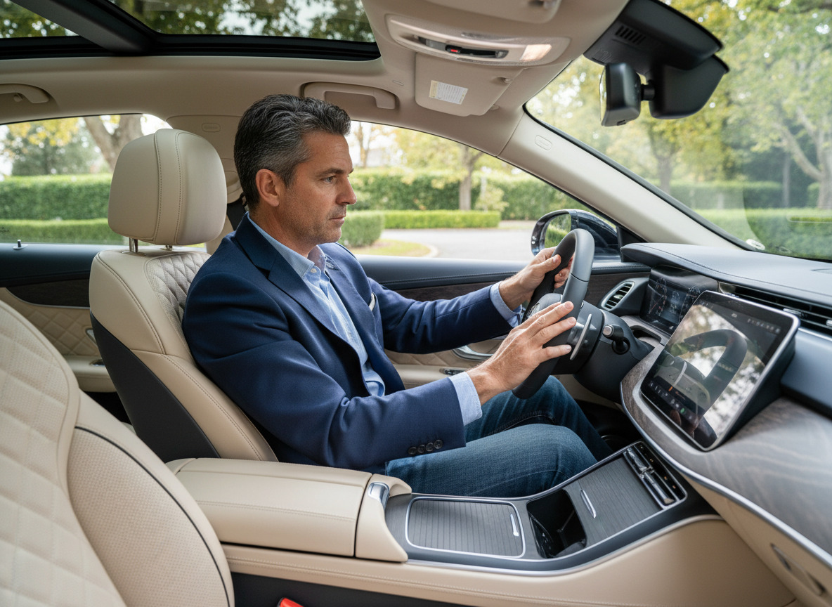 Homme ajustant le tableau de bord dans une voiture confortable