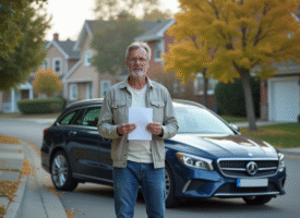 Homme d'âge moyen avec lettre devant sa voiture en banlieue