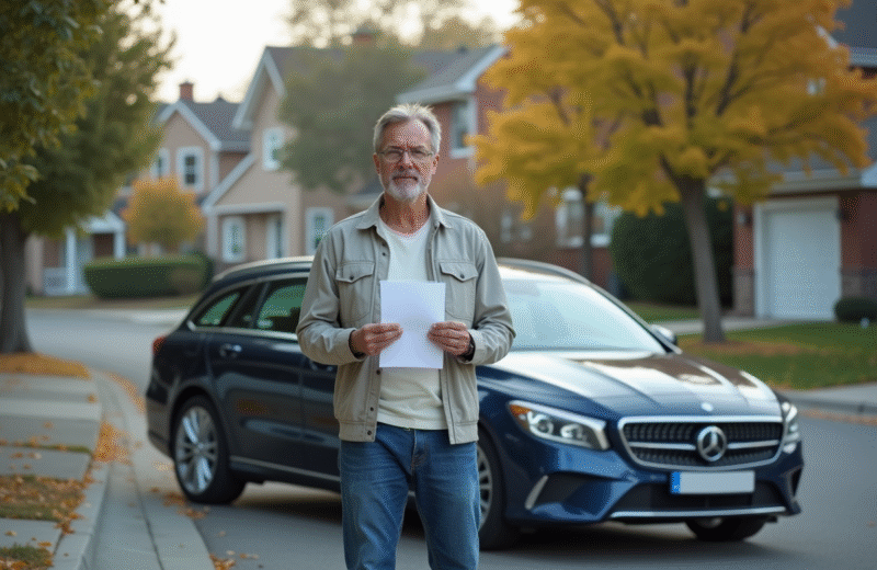 Homme d'âge moyen avec lettre devant sa voiture en banlieue