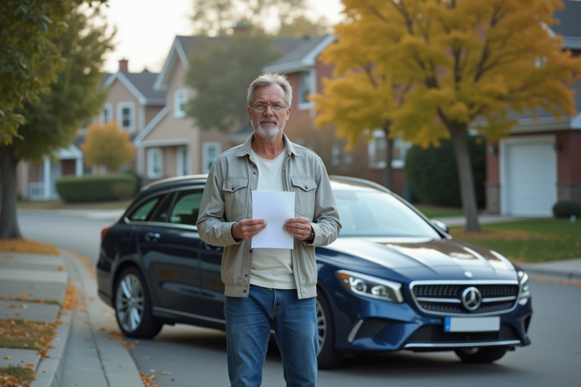 Homme d'âge moyen avec lettre devant sa voiture en banlieue
