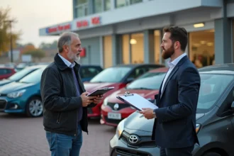 Homme d'âge moyen discute avec un concessionnaire devant une voiture d'occasion